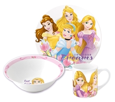 Prinsesse børneservice i keramik - Spisesæt i 3 dele til børn - Belle, Askepot, Aurora og Rapunzel